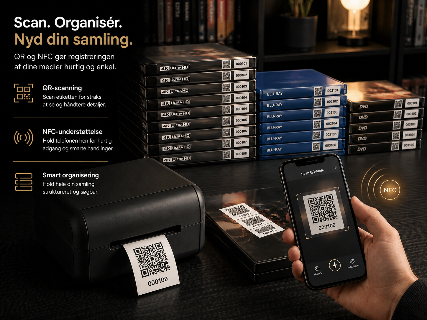 Organiseret samling med QR-scanning, NFC og labeludskrift